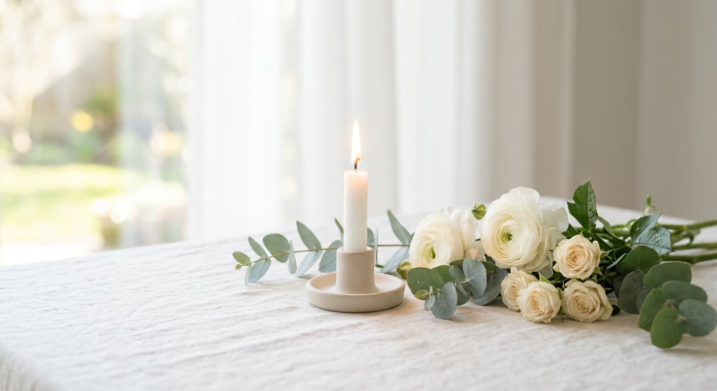Dezente Kerze mit weißen Blumen - friedvoller Abschied