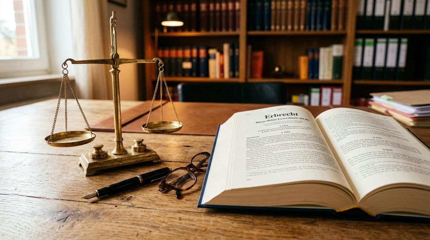 Justitia-Waage auf Schreibtisch mit Finanzdokumenten - Erbschaft und Haftung