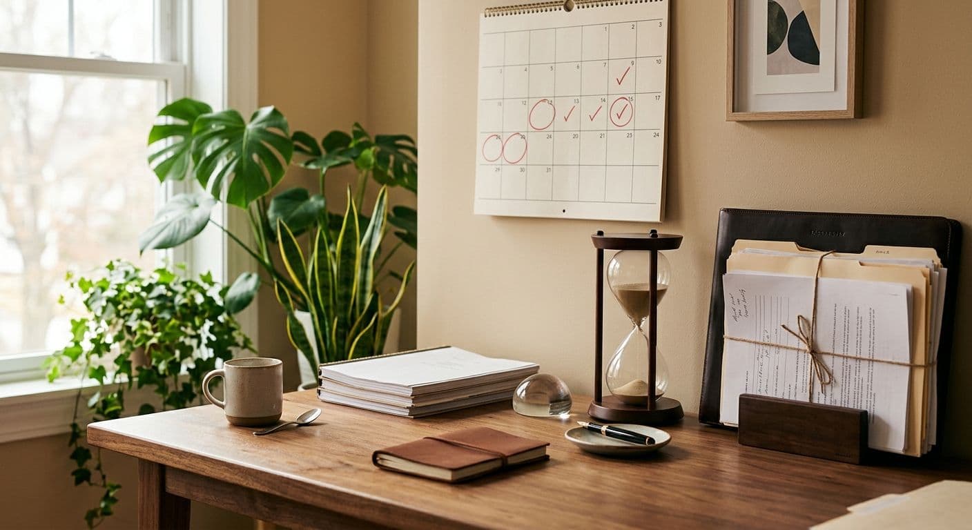 Schreibtisch mit Kalender, Sanduhr und Dokumenten - Fristen im Erbfall