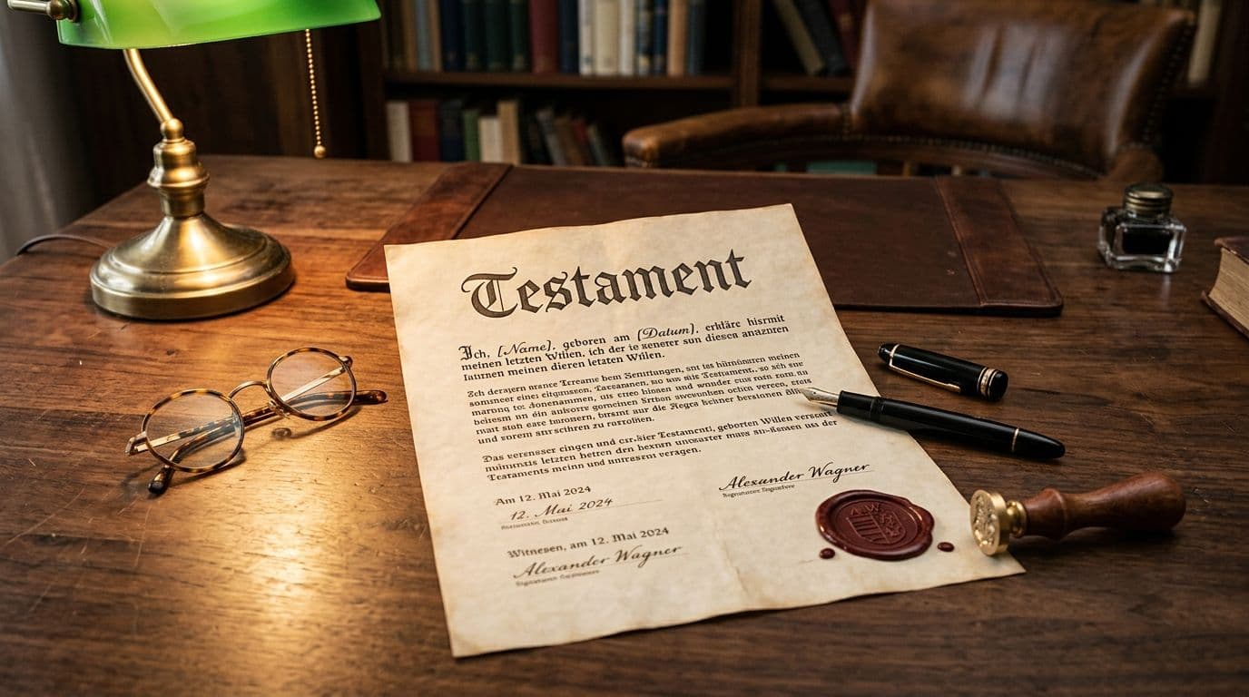 Testament-Dokument mit Wachssiegel und F�llfederhalter - Pflichtteil und Vertr�ge