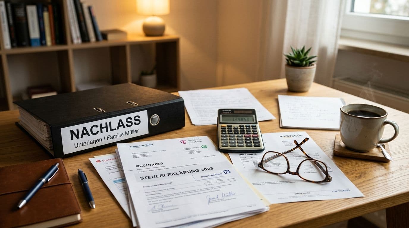 Schreibtisch mit Finanzdokumenten, Brille und Kaffee - Schulden im Erbfall