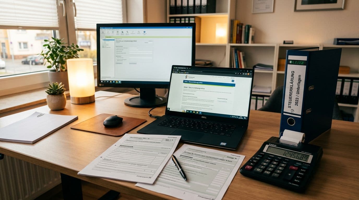 Organisierter Schreibtisch mit Steuerformularen, Ordnern und Laptop - Steuererkl�rung im Todesfall